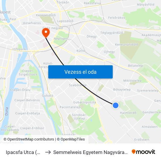 Ipacsfa Utca (Közdűlő Út) to Semmelweis Egyetem Nagyvárad Téri Elméleti Tömb map