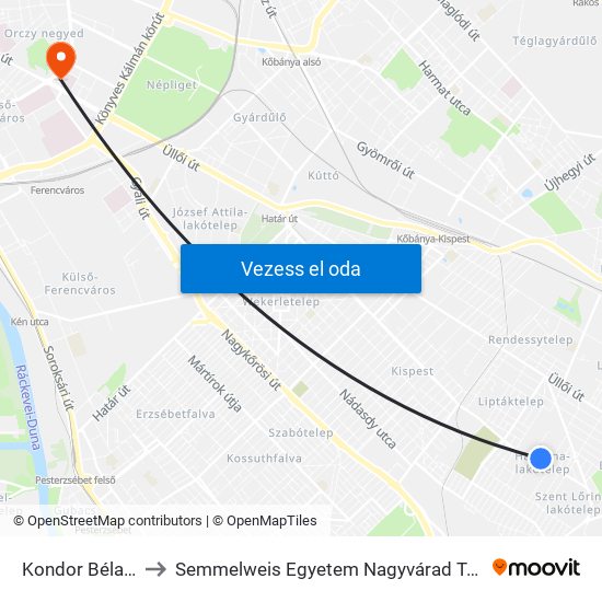 Kondor Béla Sétány to Semmelweis Egyetem Nagyvárad Téri Elméleti Tömb map