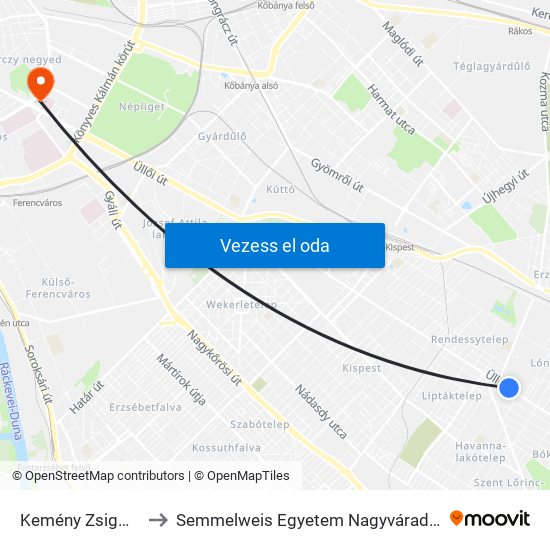 Kemény Zsigmond Utca to Semmelweis Egyetem Nagyvárad Téri Elméleti Tömb map