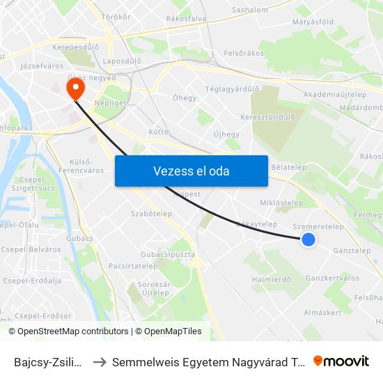 Bajcsy-Zsilinszky Út to Semmelweis Egyetem Nagyvárad Téri Elméleti Tömb map
