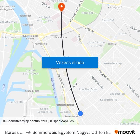 Baross Utca to Semmelweis Egyetem Nagyvárad Téri Elméleti Tömb map