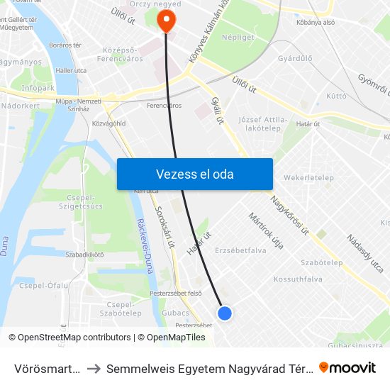 Vörösmarty Utca to Semmelweis Egyetem Nagyvárad Téri Elméleti Tömb map