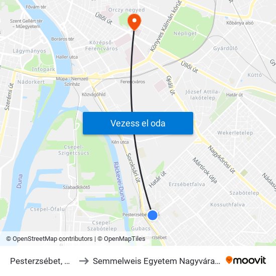 Pesterzsébet, Baross Utca to Semmelweis Egyetem Nagyvárad Téri Elméleti Tömb map