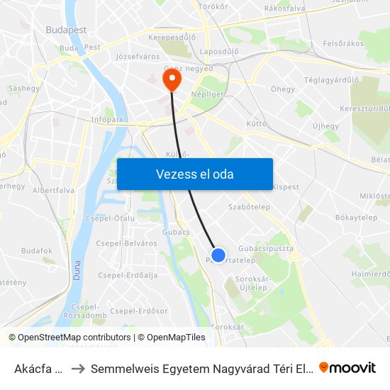 Akácfa Utca to Semmelweis Egyetem Nagyvárad Téri Elméleti Tömb map