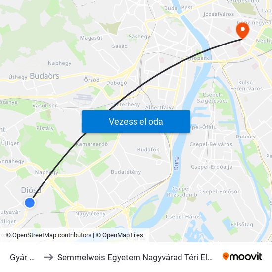 Gyár Utca to Semmelweis Egyetem Nagyvárad Téri Elméleti Tömb map