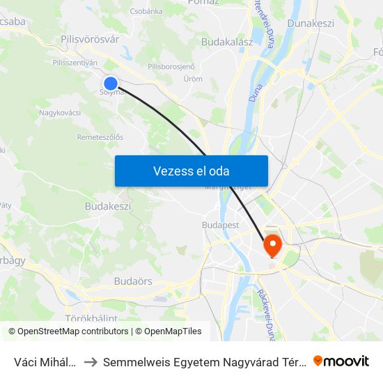 Váci Mihály Utca to Semmelweis Egyetem Nagyvárad Téri Elméleti Tömb map