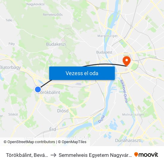 Törökbálint, Bevásárlóközpont to Semmelweis Egyetem Nagyvárad Téri Elméleti Tömb map