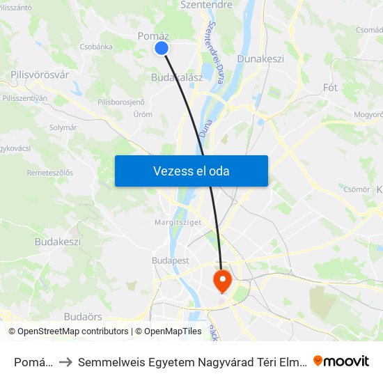 Pomáz H to Semmelweis Egyetem Nagyvárad Téri Elméleti Tömb map