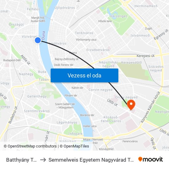 Batthyány Tér M+H to Semmelweis Egyetem Nagyvárad Téri Elméleti Tömb map