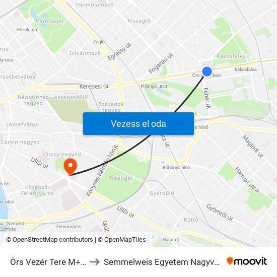 Örs Vezér Tere M+H (Kerepesi Út) to Semmelweis Egyetem Nagyvárad Téri Elméleti Tömb map