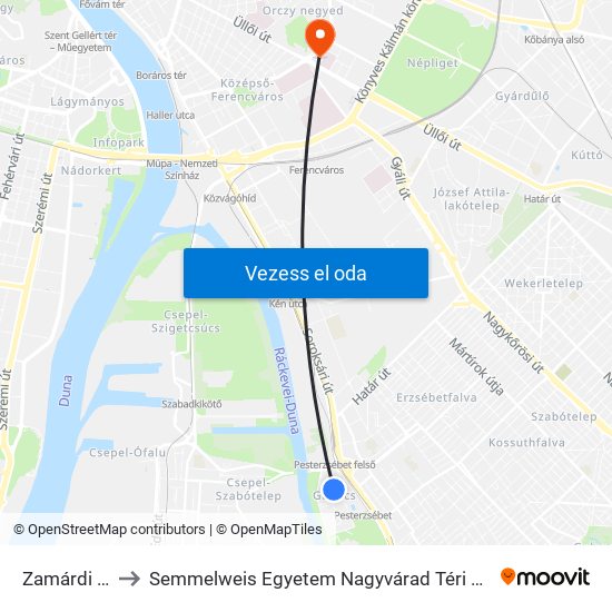 Zamárdi Utca to Semmelweis Egyetem Nagyvárad Téri Elméleti Tömb map