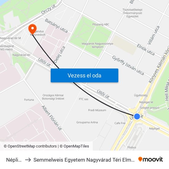 Népliget to Semmelweis Egyetem Nagyvárad Téri Elméleti Tömb map