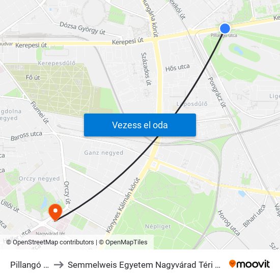 Pillangó Utca to Semmelweis Egyetem Nagyvárad Téri Elméleti Tömb map