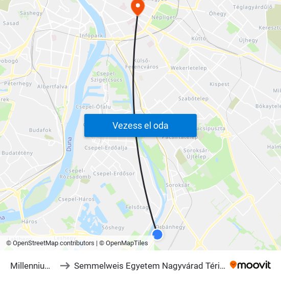 Millenniumtelep to Semmelweis Egyetem Nagyvárad Téri Elméleti Tömb map