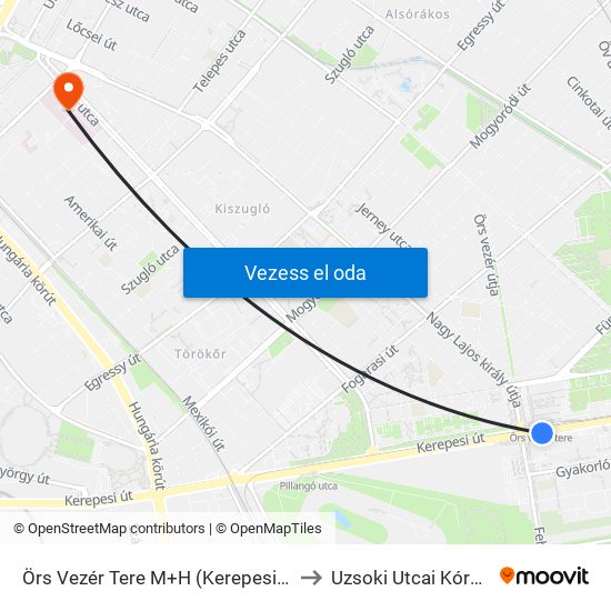 Örs Vezér Tere M+H (Kerepesi Út) to Uzsoki Utcai Kórház map