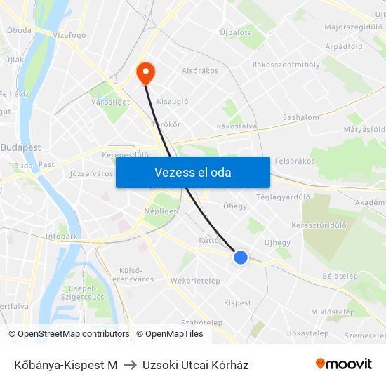 Kőbánya-Kispest M to Uzsoki Utcai Kórház map