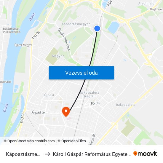 Káposztásmegyer, Megyeri Út to Károli Gáspár Református Egyetem Állam- És Jogtudományi Kar map