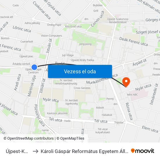 Újpest-Központ M to Károli Gáspár Református Egyetem Állam- És Jogtudományi Kar map