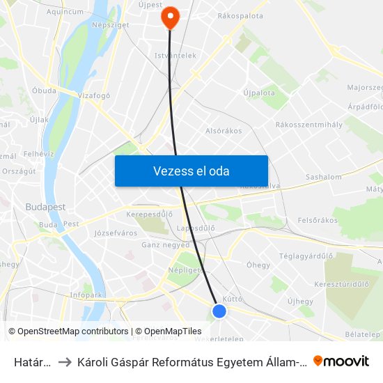 Határ Út M to Károli Gáspár Református Egyetem Állam- És Jogtudományi Kar map