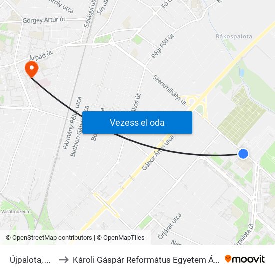 Újpalota, Sárfű Utca to Károli Gáspár Református Egyetem Állam- És Jogtudományi Kar map