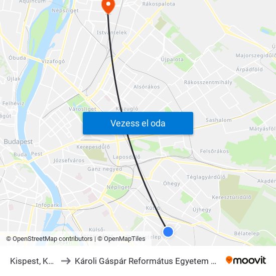 Kispest, Kossuth Tér to Károli Gáspár Református Egyetem Állam- És Jogtudományi Kar map