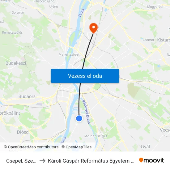 Csepel, Szent Imre Tér to Károli Gáspár Református Egyetem Állam- És Jogtudományi Kar map