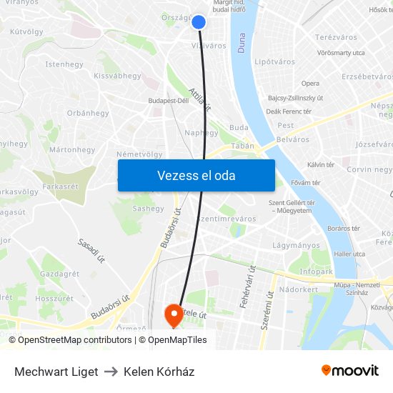 Mechwart Liget to Kelen Kórház map