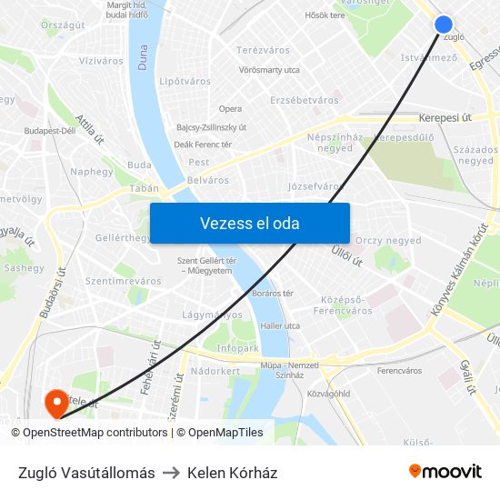 Zugló Vasútállomás to Kelen Kórház map