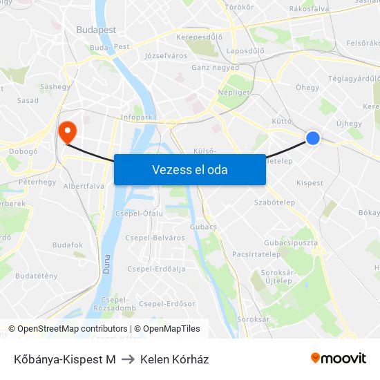 Kőbánya-Kispest M to Kelen Kórház map