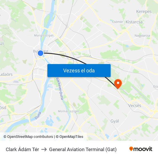 Clark Ádám Tér to General Aviation Terminal (Gat) map