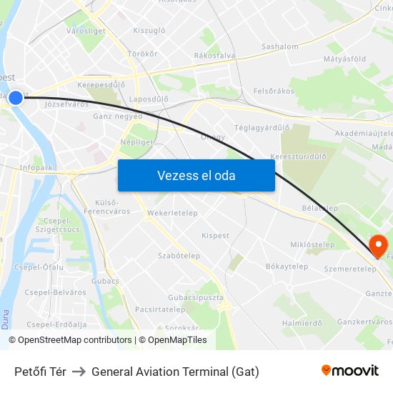 Petőfi Tér to General Aviation Terminal (Gat) map