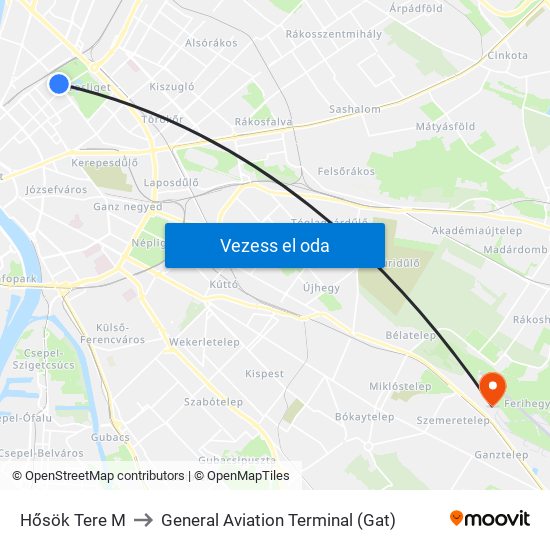 Hősök Tere M to General Aviation Terminal (Gat) map