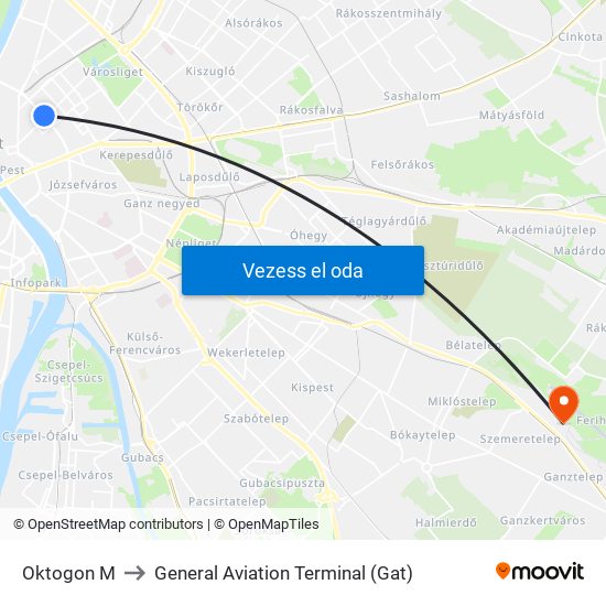 Oktogon M to General Aviation Terminal (Gat) map