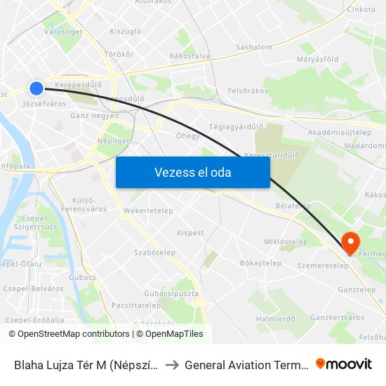 Blaha Lujza Tér M (Népszínház Utca) to General Aviation Terminal (Gat) map