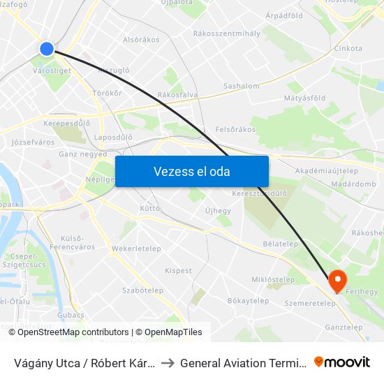 Vágány Utca / Róbert Károly Körút to General Aviation Terminal (Gat) map