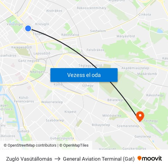 Zugló Vasútállomás to General Aviation Terminal (Gat) map