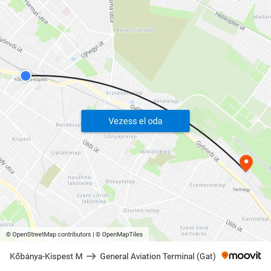 Kőbánya-Kispest M to General Aviation Terminal (Gat) map