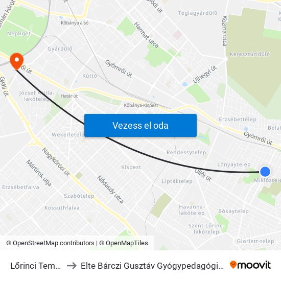 Lőrinci Temető to Elte Bárczi Gusztáv Gyógypedagógiai Kar map