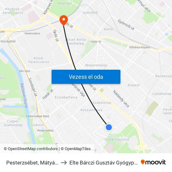 Pesterzsébet, Mátyás Király Tér to Elte Bárczi Gusztáv Gyógypedagógiai Kar map