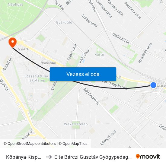 Kőbánya-Kispest M to Elte Bárczi Gusztáv Gyógypedagógiai Kar map