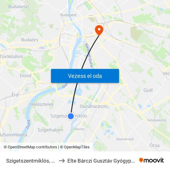 Szigetszentmiklós, Városháza to Elte Bárczi Gusztáv Gyógypedagógiai Kar map