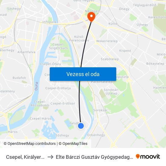 Csepel, Királyerdő Út to Elte Bárczi Gusztáv Gyógypedagógiai Kar map