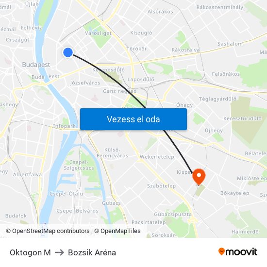 Oktogon M to Bozsik Aréna map