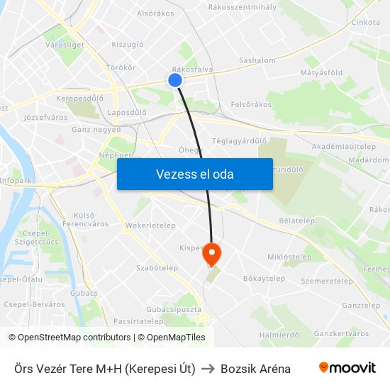 Örs Vezér Tere M+H (Kerepesi Út) to Bozsik Aréna map