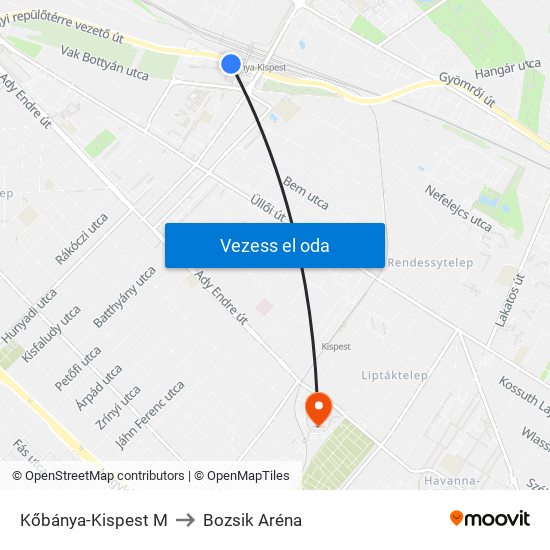 Kőbánya-Kispest M to Bozsik Aréna map