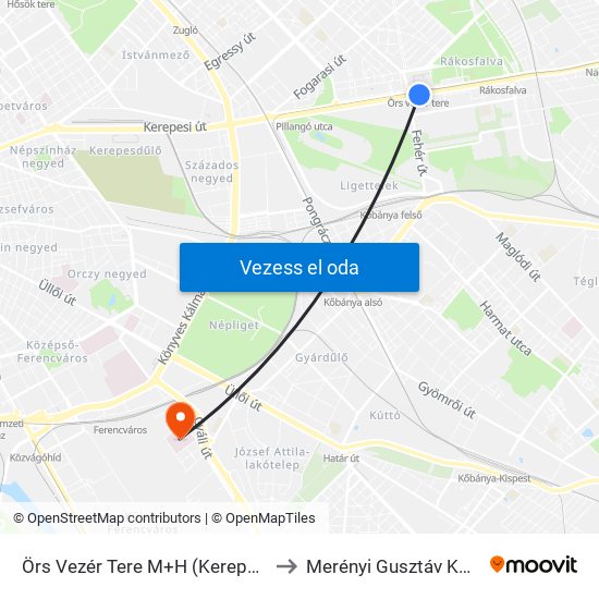 Örs Vezér Tere M+H (Kerepesi Út) to Merényi Gusztáv Kórház map