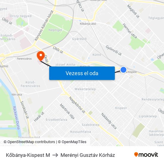 Kőbánya-Kispest M to Merényi Gusztáv Kórház map