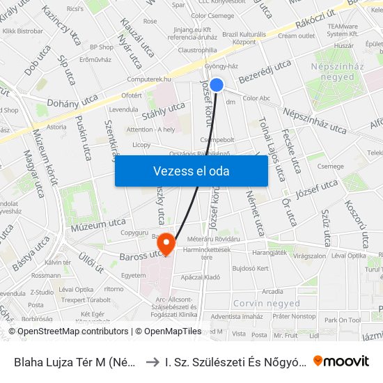 Blaha Lujza Tér M (Népszínház Utca) to I. Sz. Szülészeti És Nőgyógyászati Klinika map