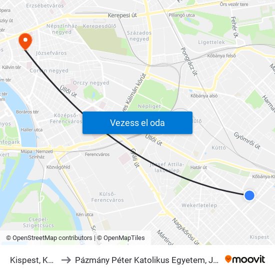 Kispest, Kossuth Tér to Pázmány Péter Katolikus Egyetem, Jog- És Államtudományi Kar map