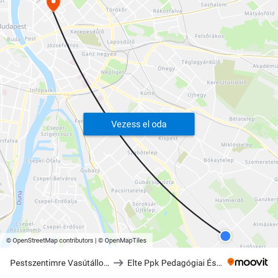 Pestszentimre Vasútállomás (Dózsa Gy.U.) to Elte Ppk Pedagógiai És Pszichológiai Kar map